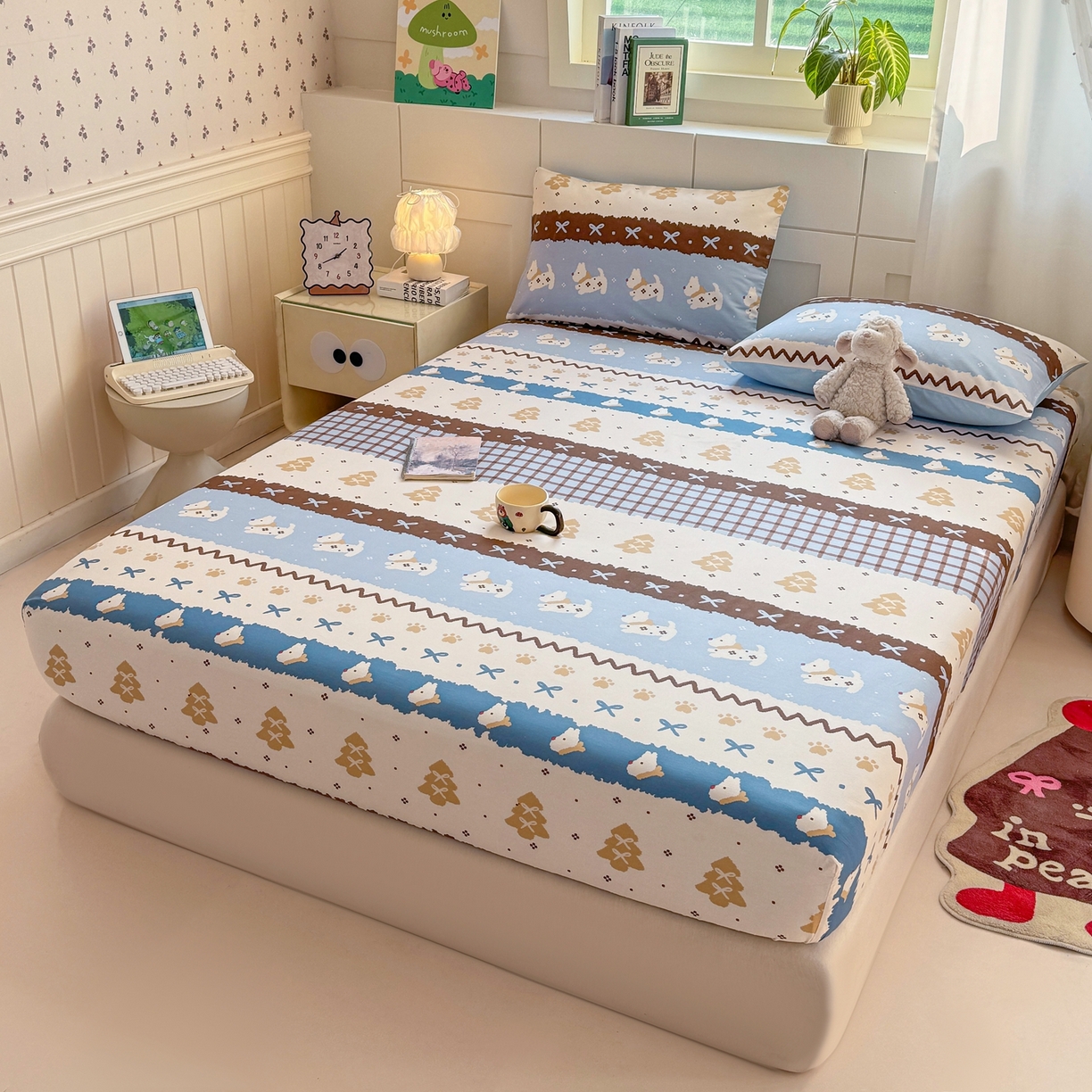 91家纺网 家纺一手货源 找家纺 博雅 2026新款全棉纯棉小卡通印花单床笠床笠单件 雪地小狗