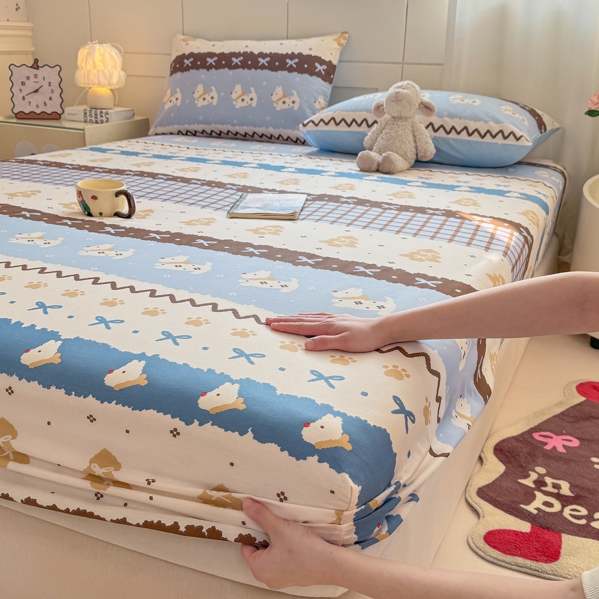 91家纺网 家纺一手货源 找家纺 博雅 2026新款全棉纯棉小卡通印花单床笠床笠单件 雪地小狗