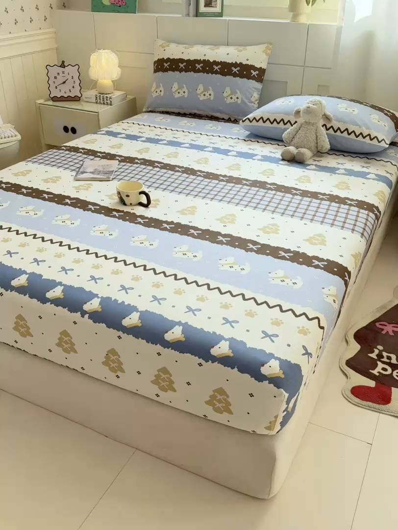 91家纺网 家纺一手货源 找家纺 博雅 2026新款全棉纯棉小卡通印花单床笠床笠单件 雪地小狗