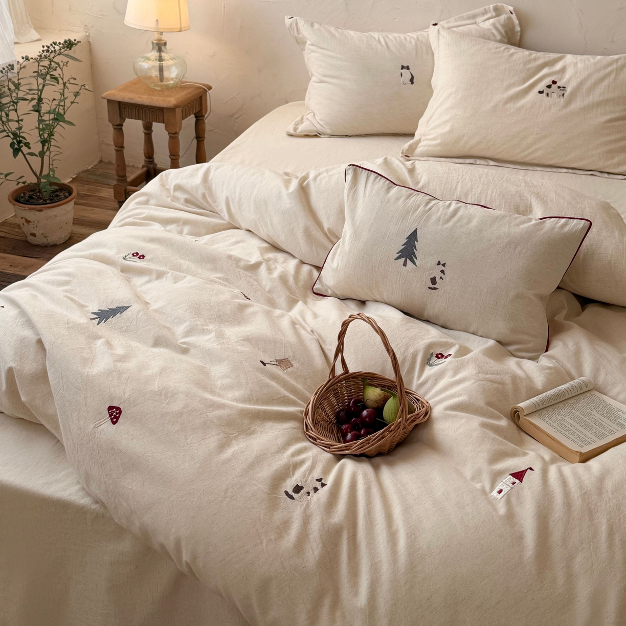 91家纺网 家纺一手货源 找家纺 （总）鹿班家居 2026新款简约色织棉麻刺绣四件套-漫记森林（标准会员-20元）