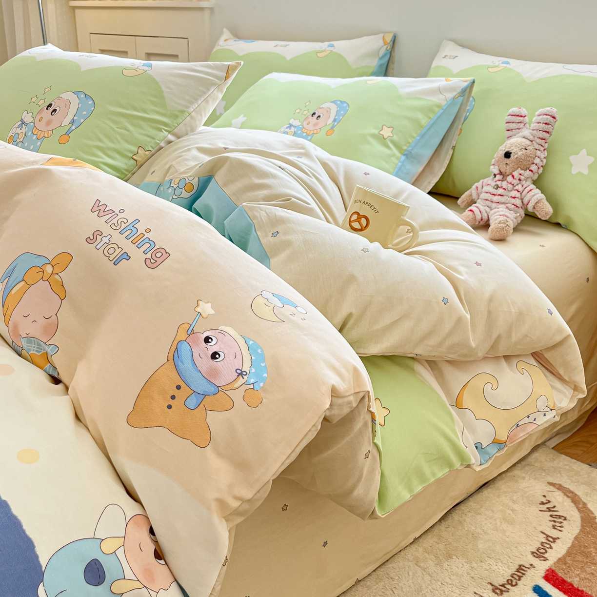 91家纺网 家纺一手货源 找家纺 博雅 2026新款全棉纯棉小卡通印花四件套 小版-魔法棒星星人