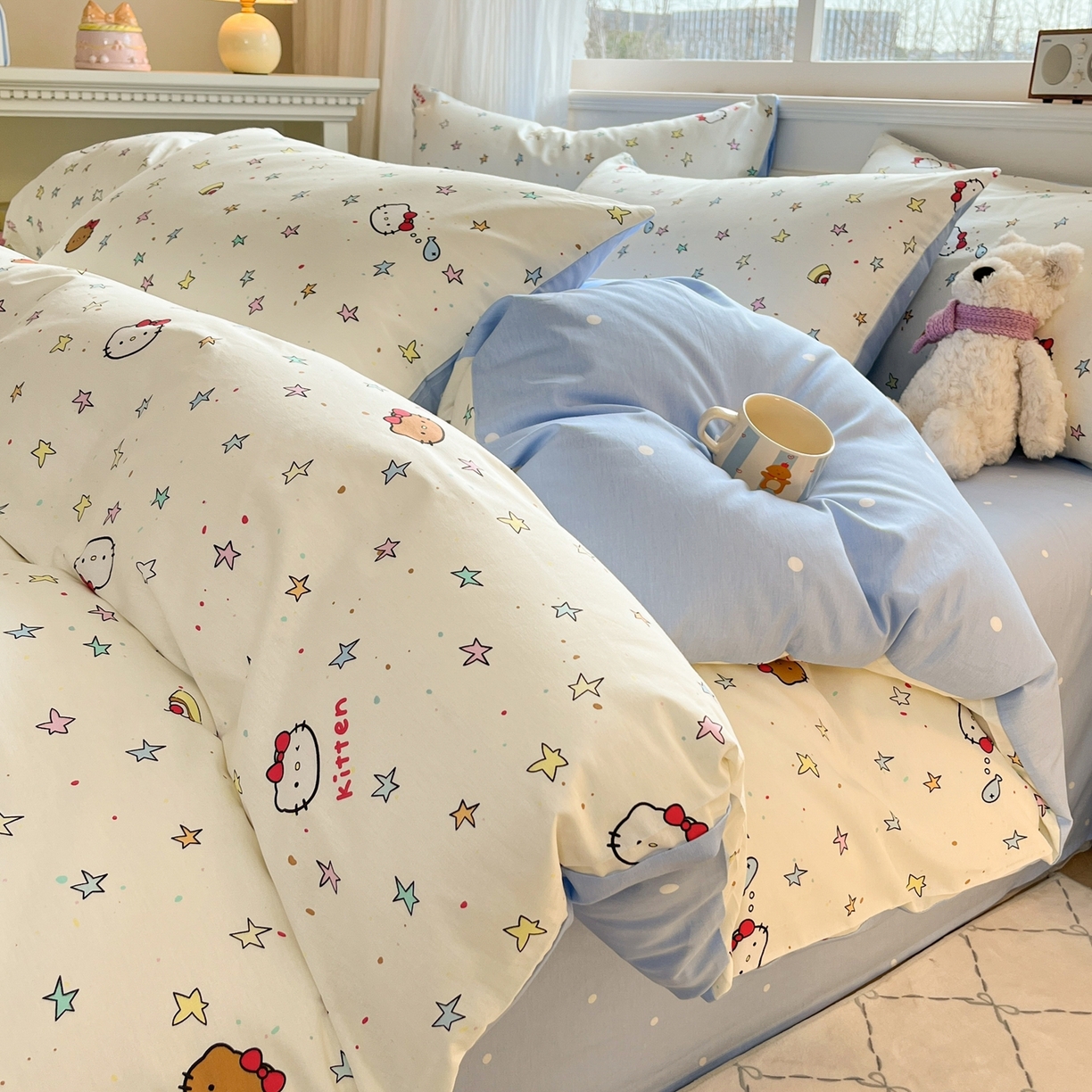 91家纺网 家纺一手货源 找家纺 博雅 2026新款全棉纯棉小卡通印花四件套 星星蝴蝶结猫