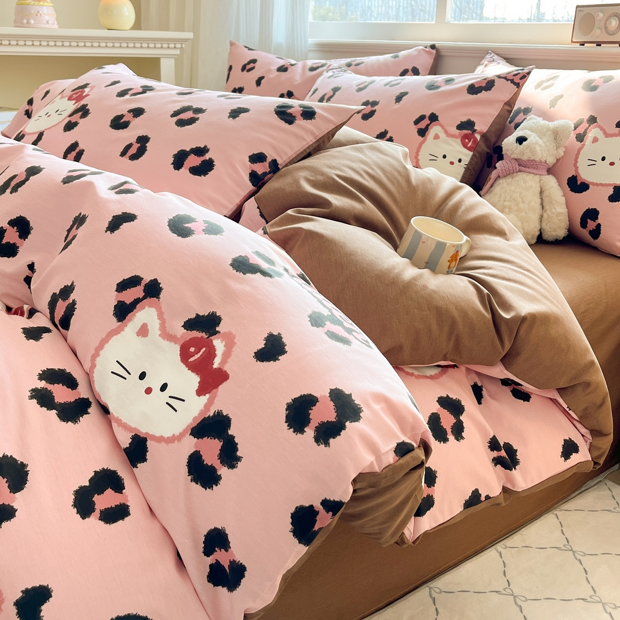 博雅 2026新款全棉纯棉小卡通印花四件套 豹纹小猫-粉