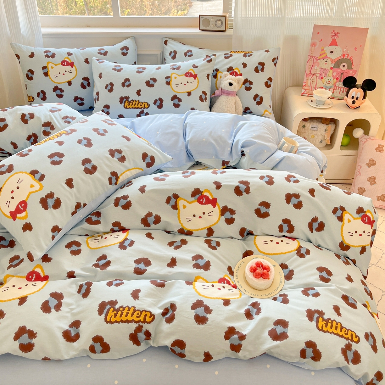 91家纺网 家纺一手货源 找家纺 博雅 2026新款全棉纯棉小卡通印花四件套 豹纹小猫-蓝