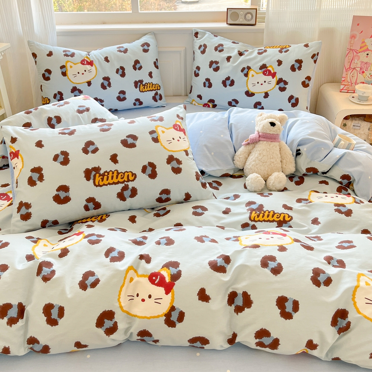 91家纺网 家纺一手货源 找家纺 博雅 2026新款全棉纯棉小卡通印花四件套 豹纹小猫-蓝