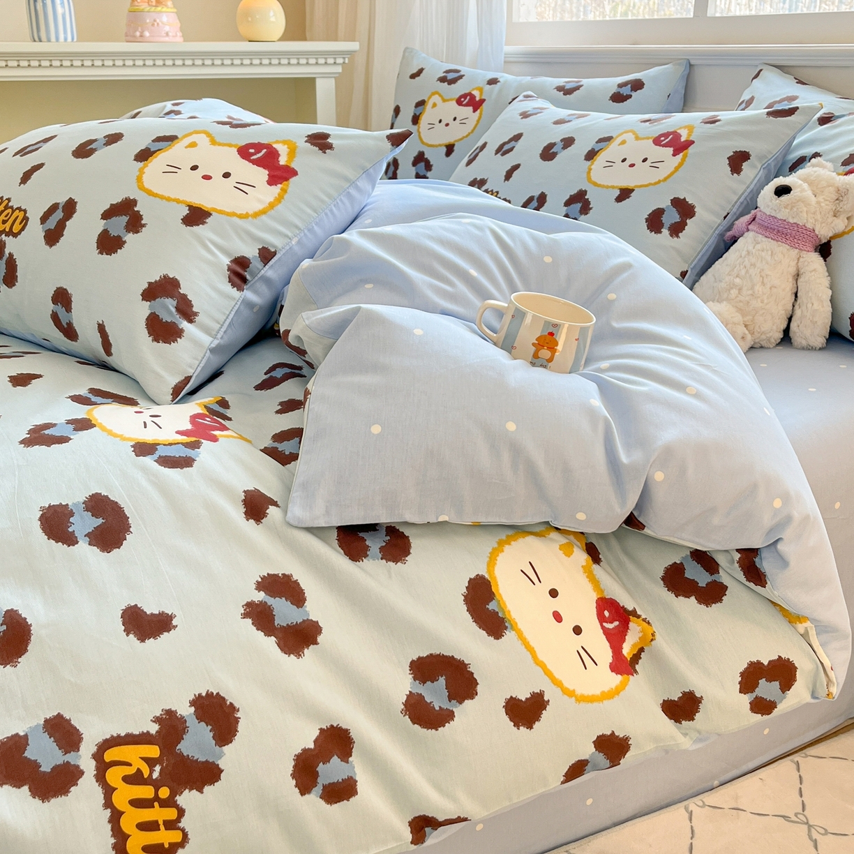 91家纺网 家纺一手货源 找家纺 博雅 2026新款全棉纯棉小卡通印花四件套 豹纹小猫-蓝