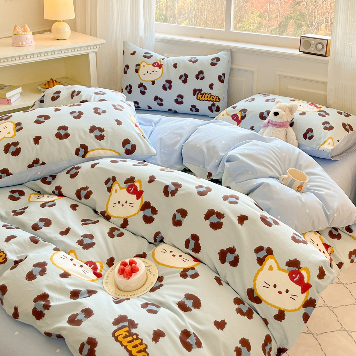 91家纺网 家纺一手货源 找家纺 博雅 2026新款全棉纯棉小卡通印花四件套 豹纹小猫-蓝