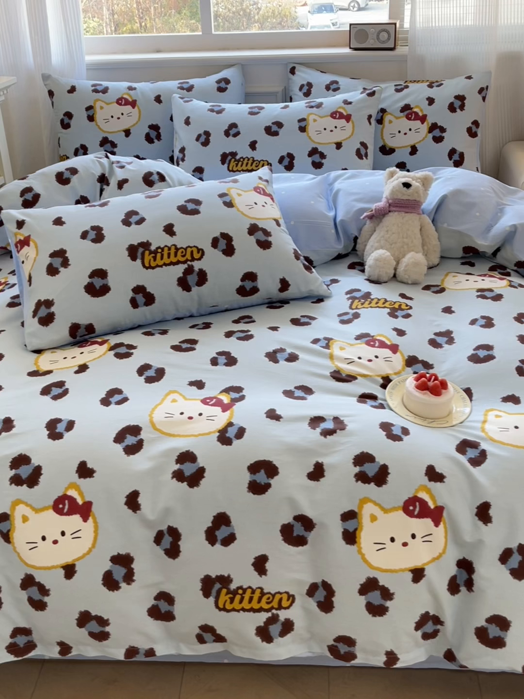 91家纺网 家纺一手货源 找家纺 博雅 2026新款全棉纯棉小卡通印花四件套 豹纹小猫-蓝