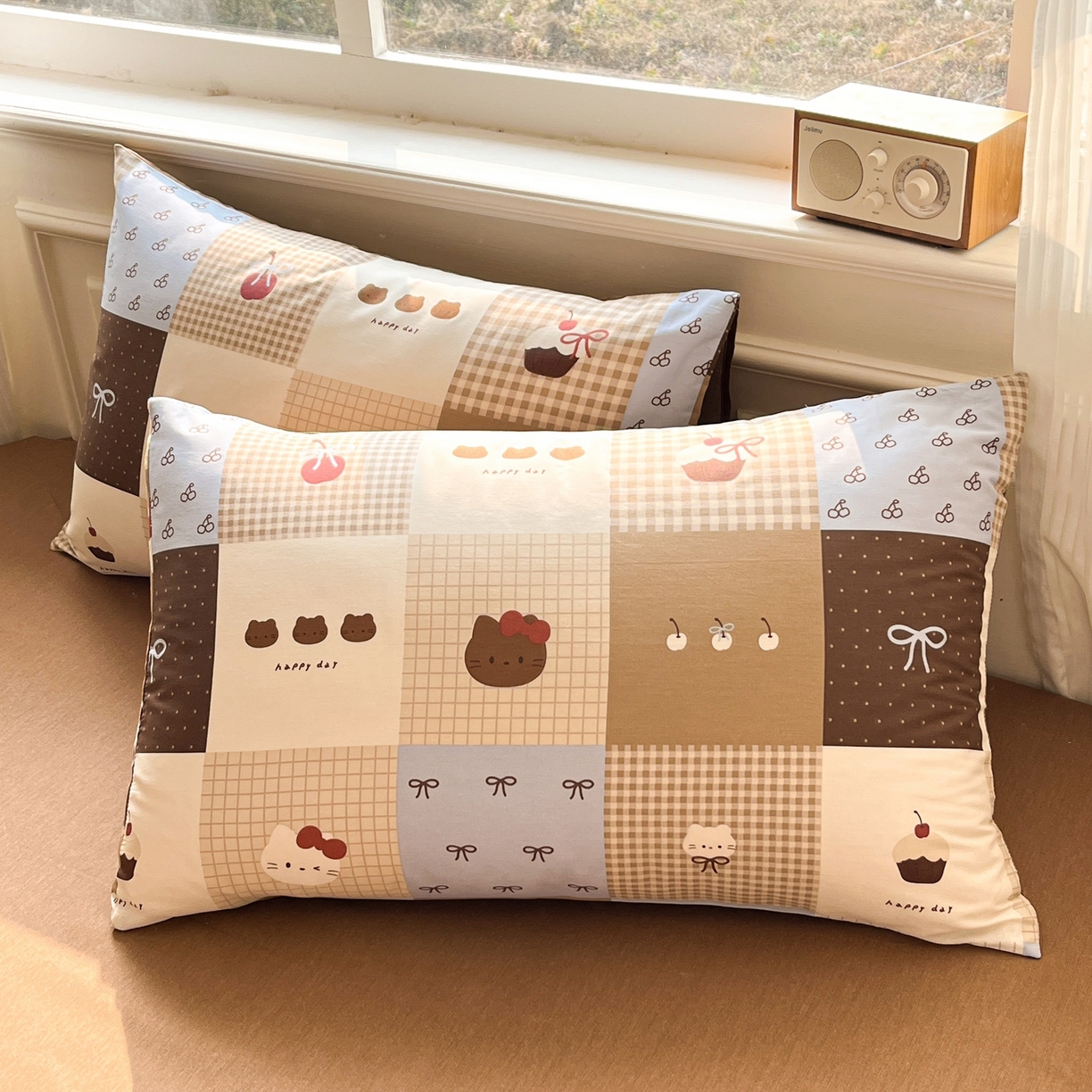 91家纺网 家纺一手货源 找家纺 博雅 2026新款全棉纯棉小卡通印花四件套 咖格蛋糕猫