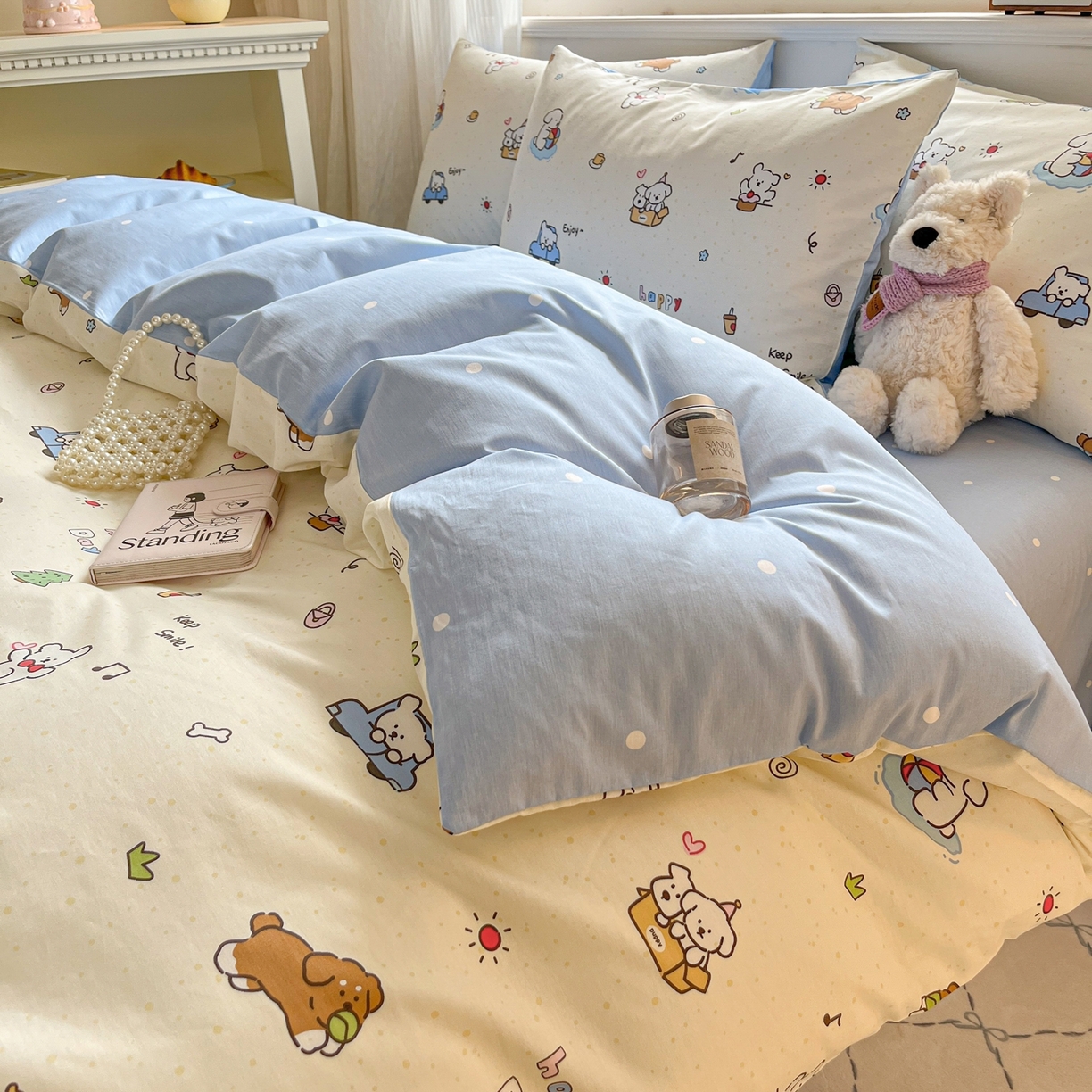 91家纺网 家纺一手货源 找家纺 博雅 2026新款全棉纯棉小卡通印花四件套 快乐汪星人