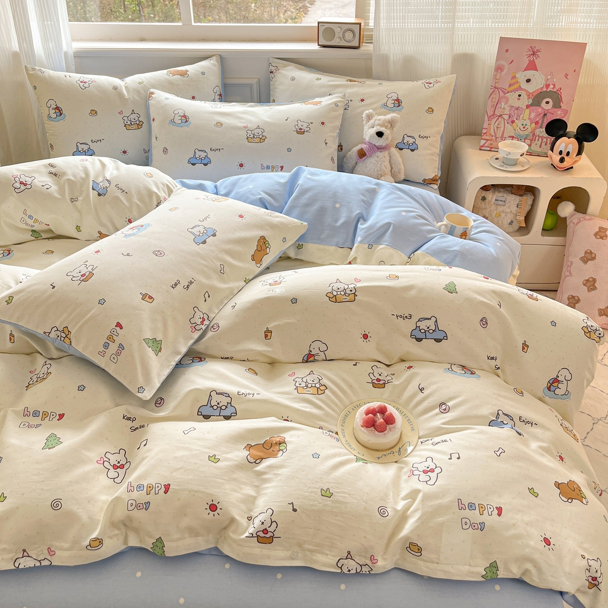 91家纺网 家纺一手货源 找家纺 博雅 2026新款全棉纯棉小卡通印花四件套 快乐汪星人