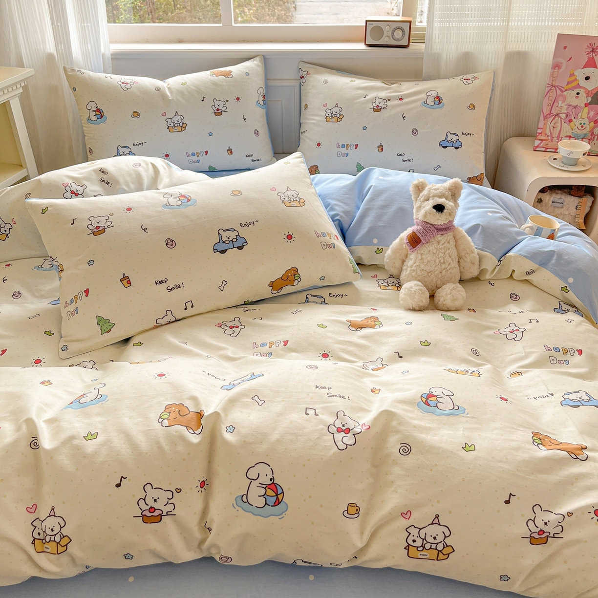 91家纺网 家纺一手货源 找家纺 博雅 2026新款全棉纯棉小卡通印花四件套 快乐汪星人