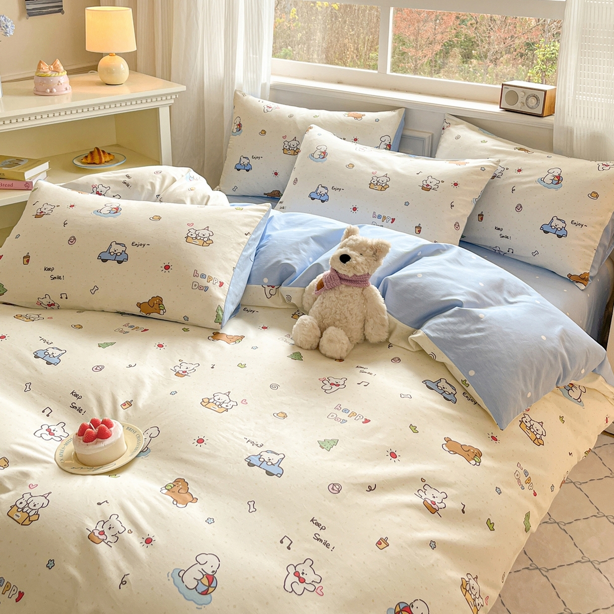 91家纺网 家纺一手货源 找家纺 博雅 2026新款全棉纯棉小卡通印花四件套 快乐汪星人