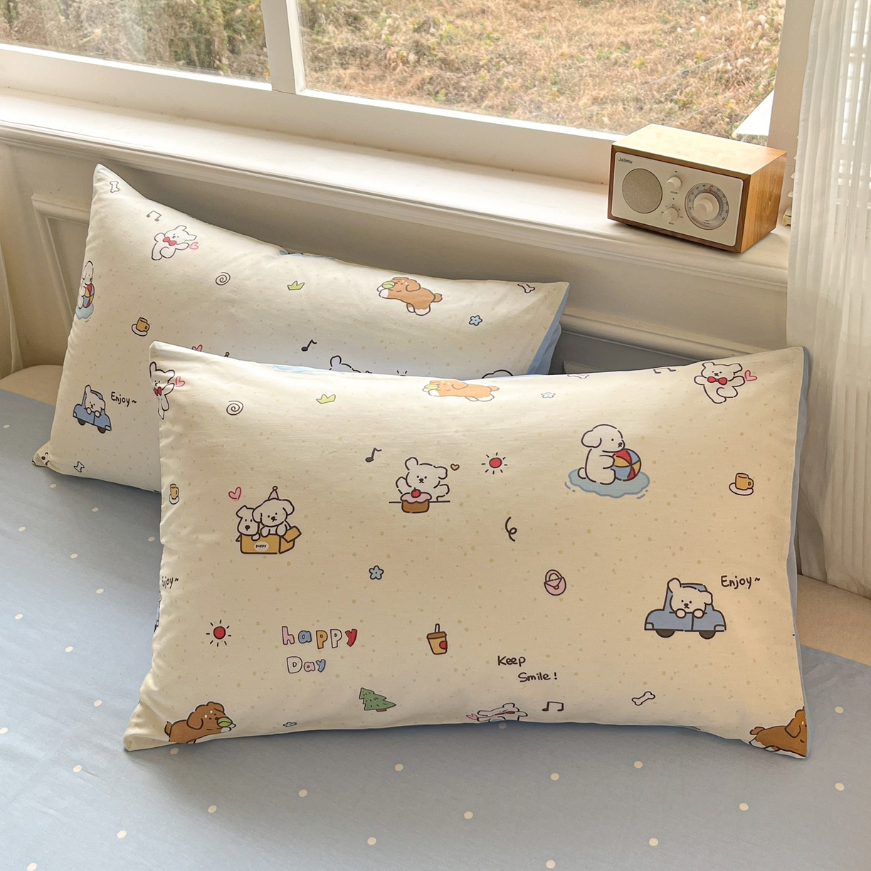 91家纺网 家纺一手货源 找家纺 博雅 2026新款全棉纯棉小卡通印花四件套 快乐汪星人