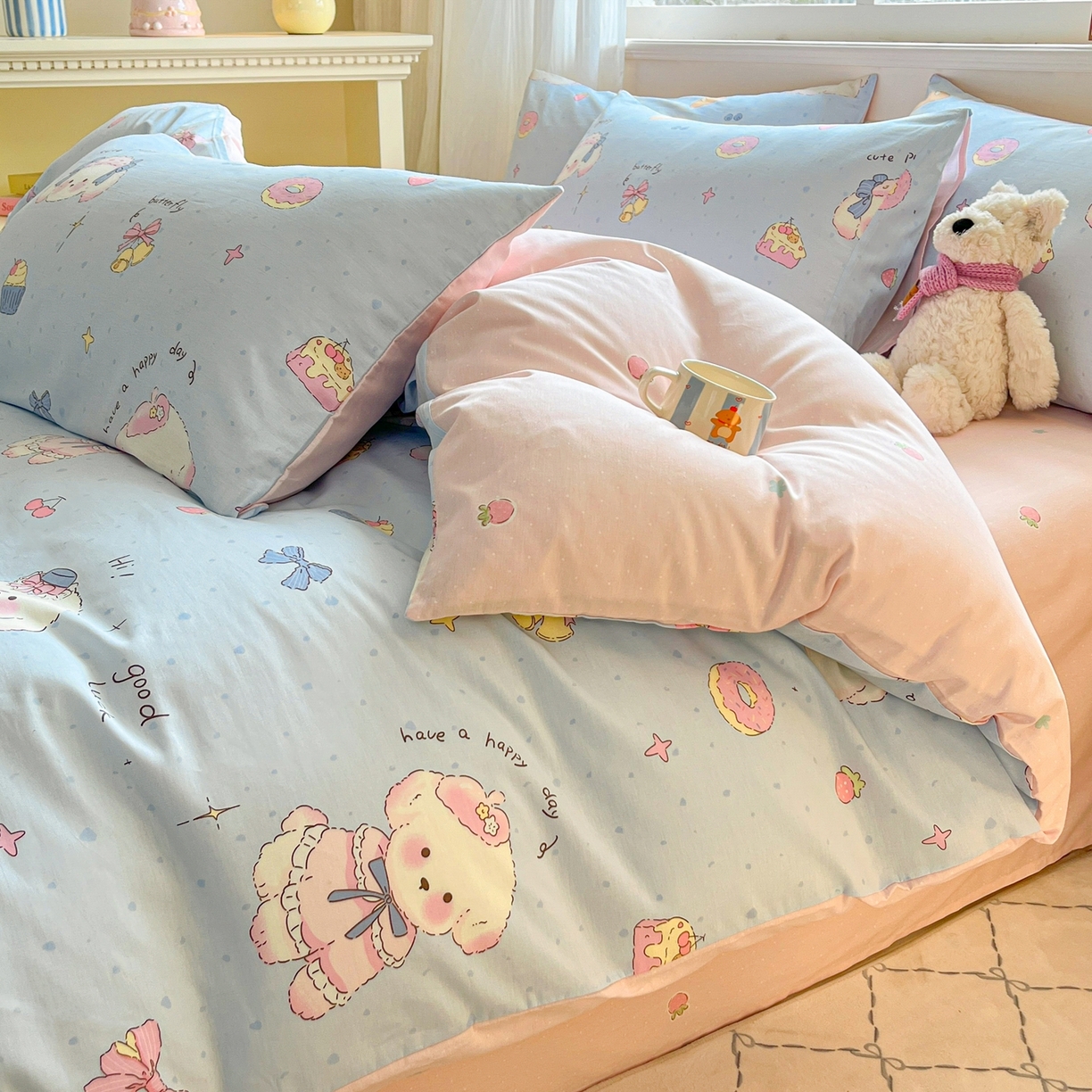 91家纺网 家纺一手货源 找家纺 博雅 2026新款全棉纯棉小卡通印花四件套 帽子甜心狗