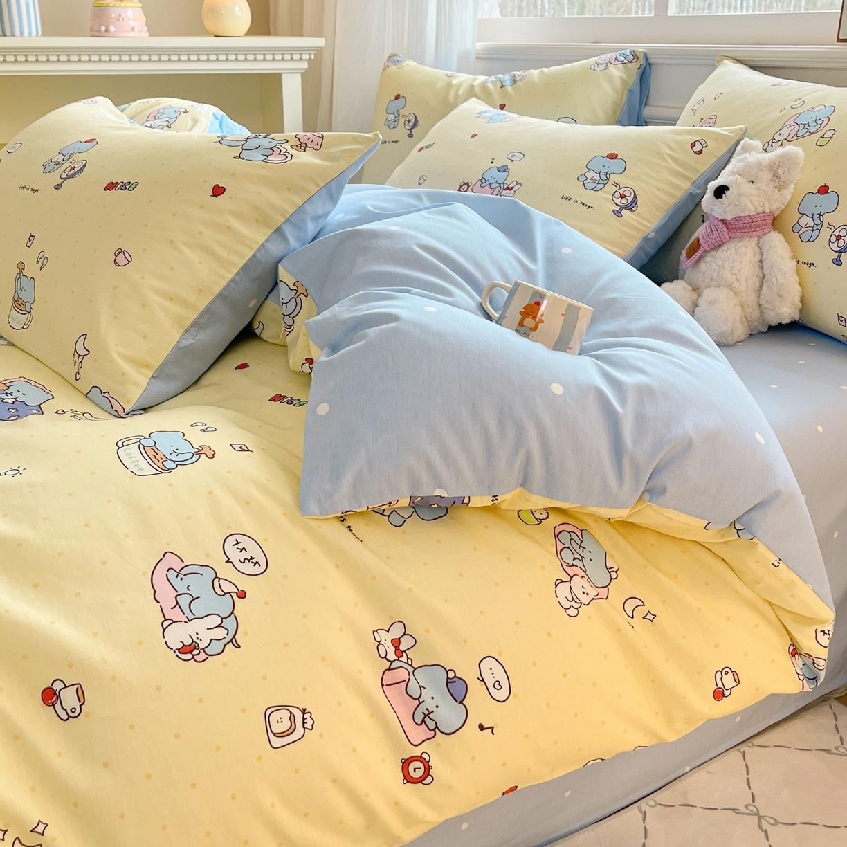 91家纺网 家纺一手货源 找家纺 博雅 2026新款全棉纯棉小卡通印花四件套 晚安小象