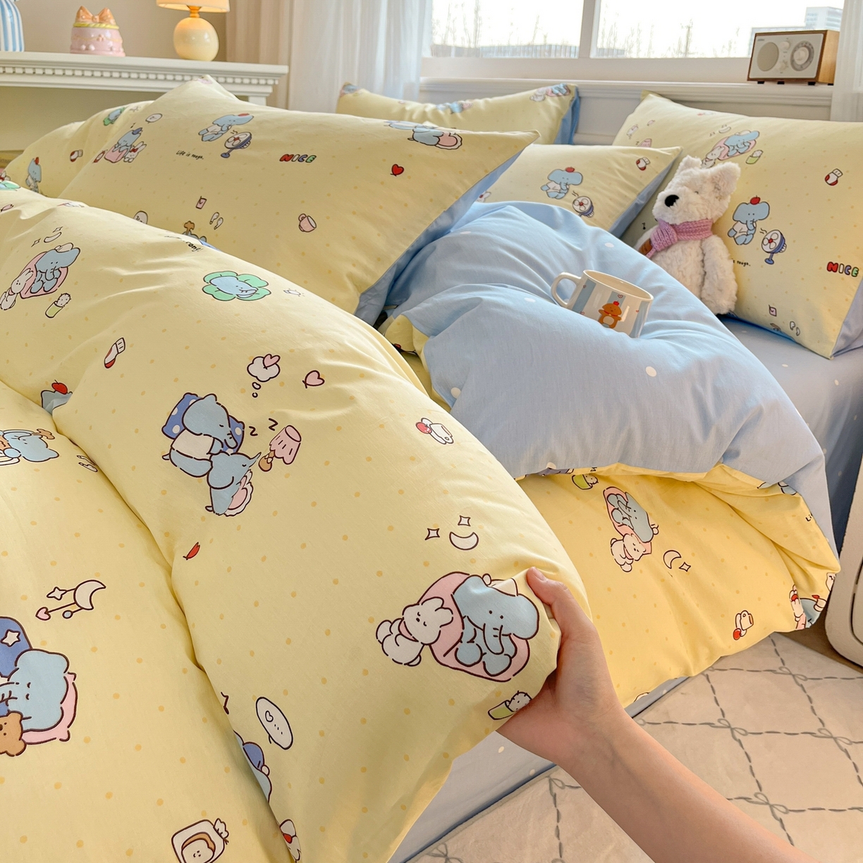 91家纺网 家纺一手货源 找家纺 博雅 2026新款全棉纯棉小卡通印花四件套 晚安小象