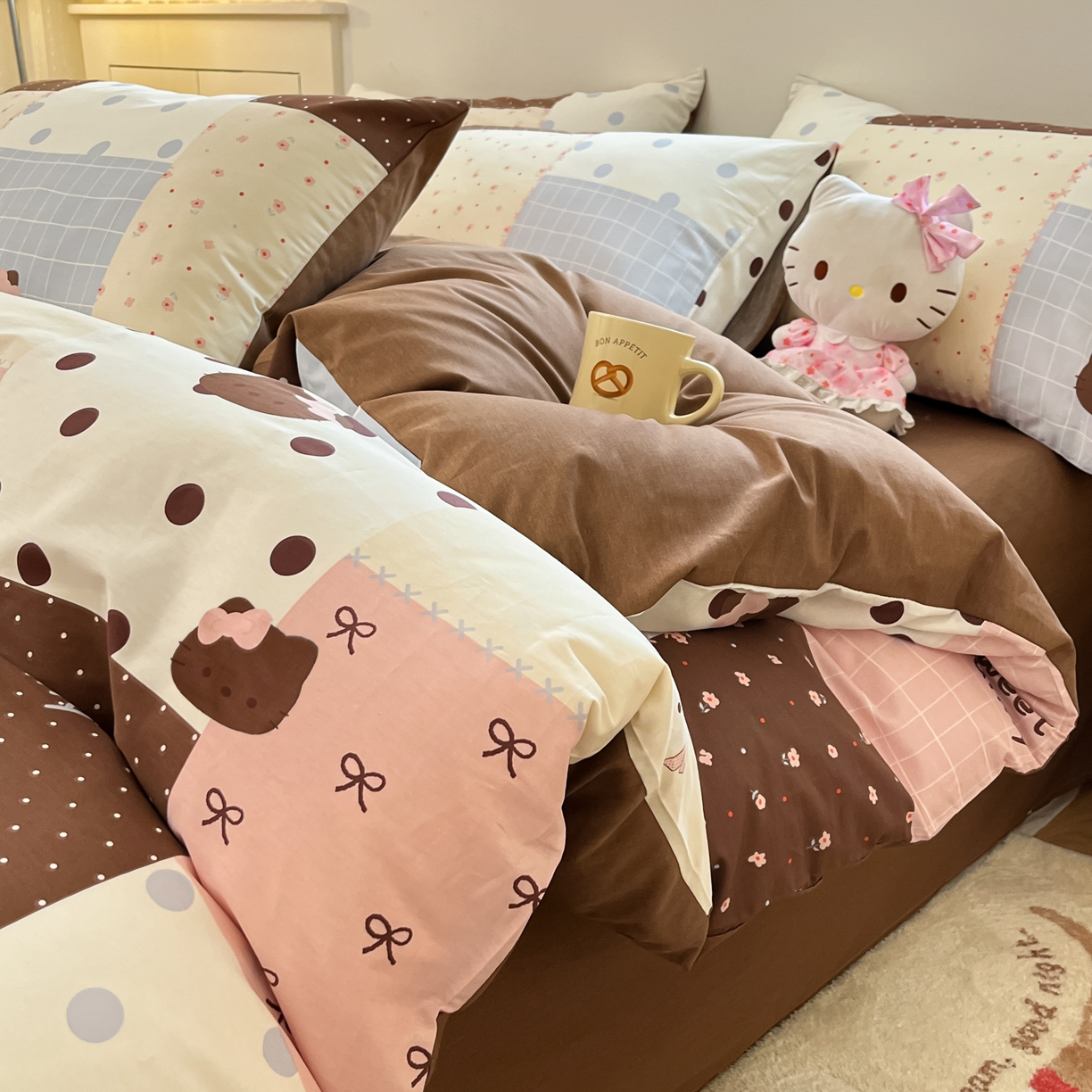 博雅 2026新款全棉纯棉小卡通印花四件套 小版-咖格蝴蝶结喵