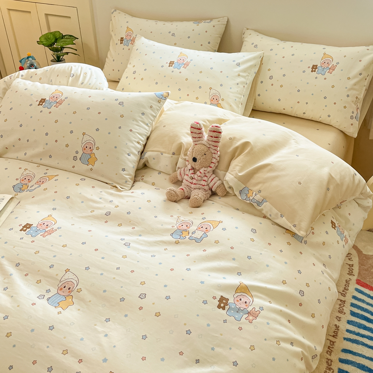 91家纺网 家纺一手货源 找家纺 博雅 2026新款全棉纯棉小卡通印花四件套 小版-可爱玩伴星星人