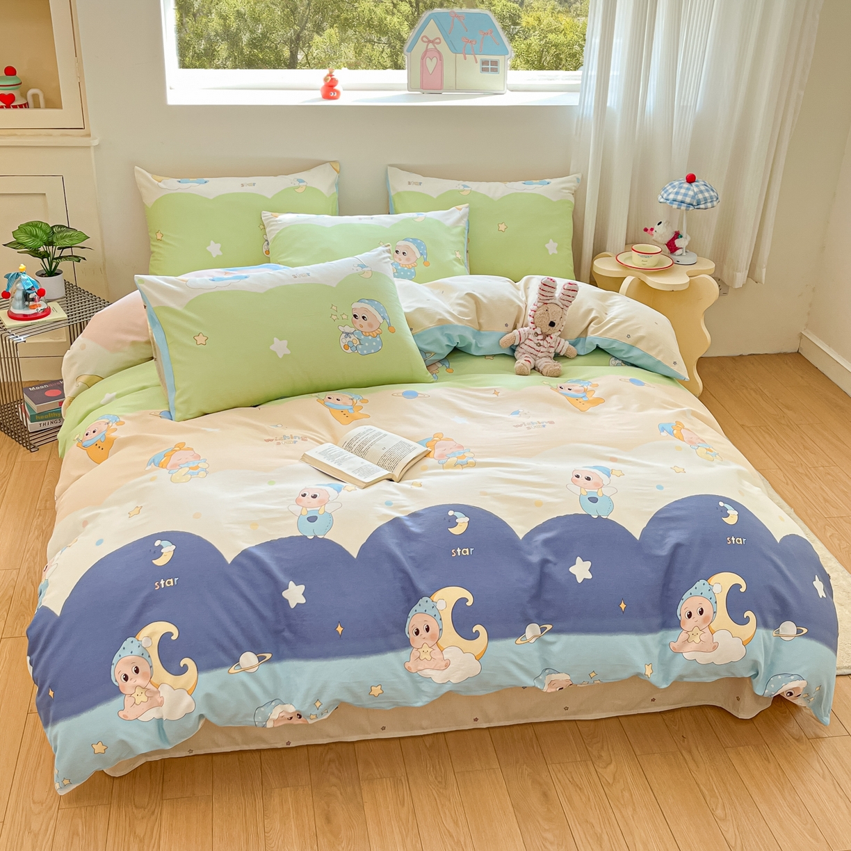 91家纺网 家纺一手货源 找家纺 博雅 2026新款全棉纯棉小卡通印花四件套 小版-魔法棒星星人