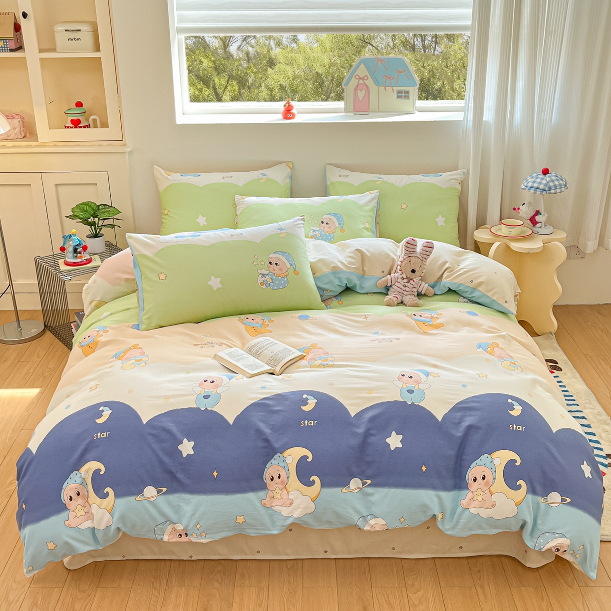 91家纺网 家纺一手货源 找家纺 博雅 2026新款全棉纯棉小卡通印花四件套 小版-魔法棒星星人