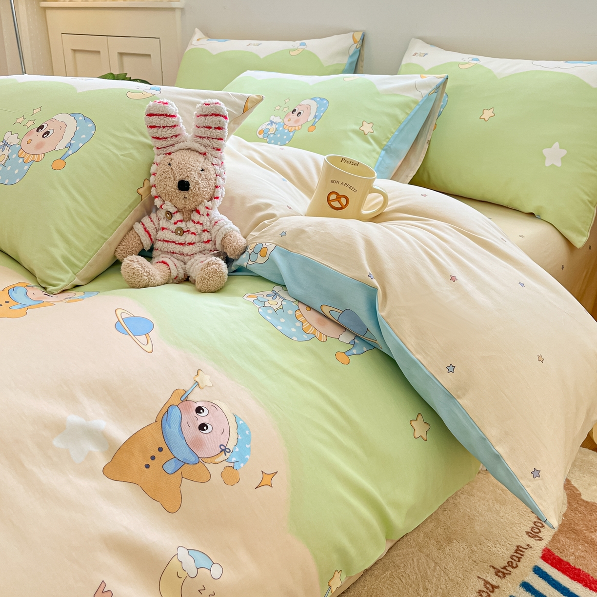 91家纺网 家纺一手货源 找家纺 博雅 2026新款全棉纯棉小卡通印花四件套 小版-魔法棒星星人