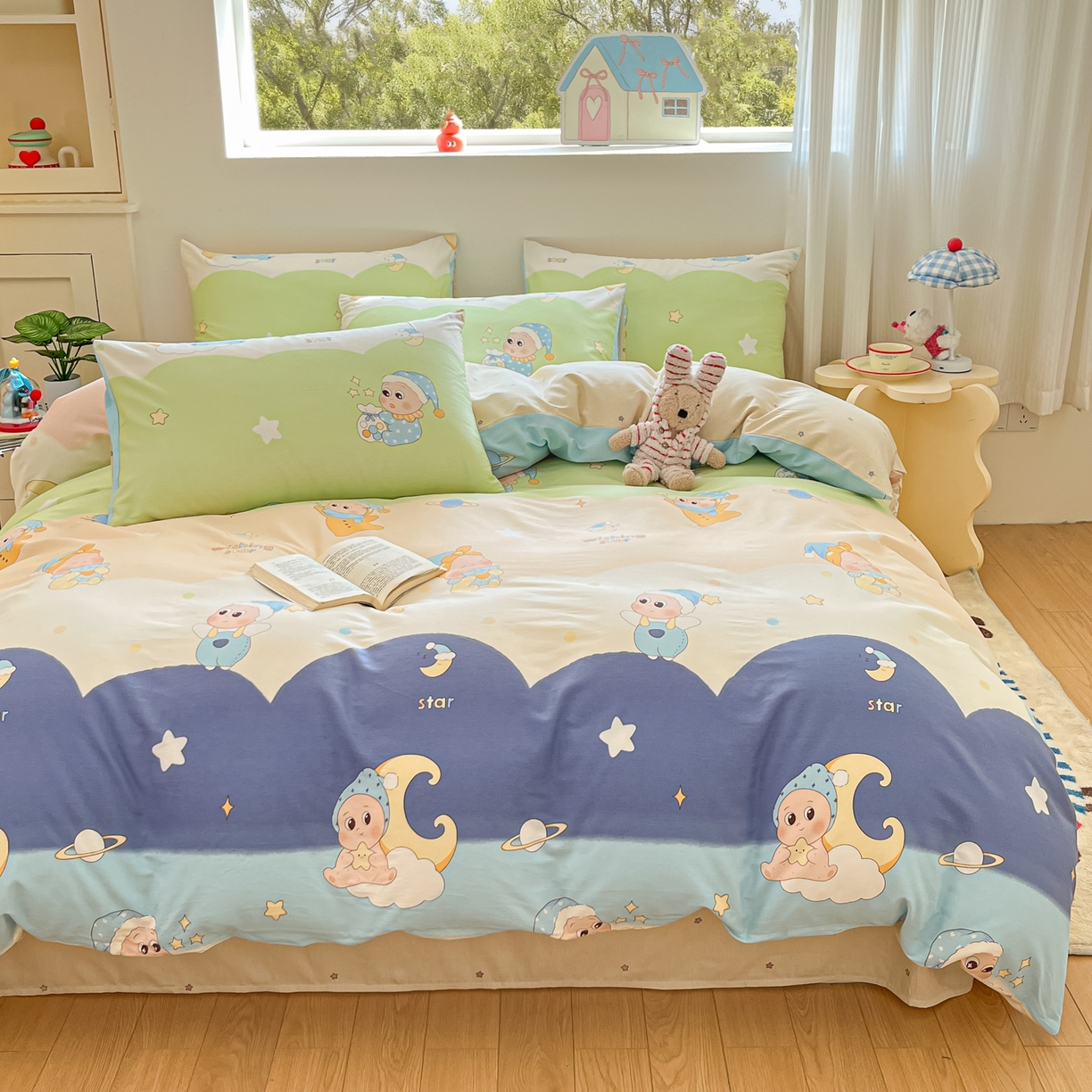 91家纺网 家纺一手货源 找家纺 博雅 2026新款全棉纯棉小卡通印花四件套 小版-魔法棒星星人