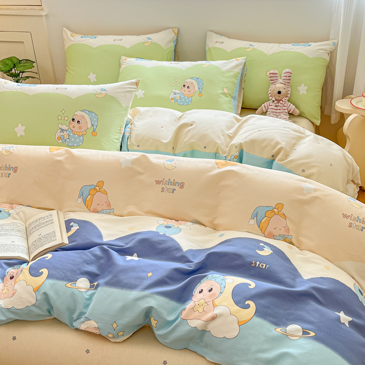 91家纺网 家纺一手货源 找家纺 博雅 2026新款全棉纯棉小卡通印花四件套 小版-魔法棒星星人