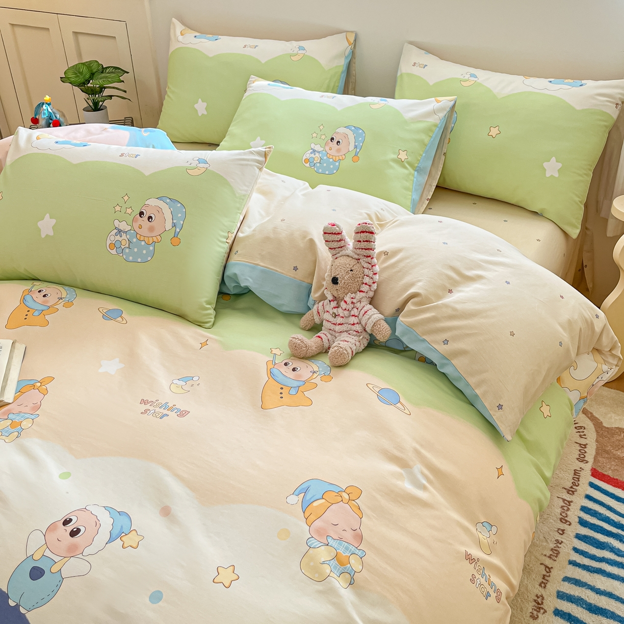 91家纺网 家纺一手货源 找家纺 博雅 2026新款全棉纯棉小卡通印花四件套 小版-魔法棒星星人