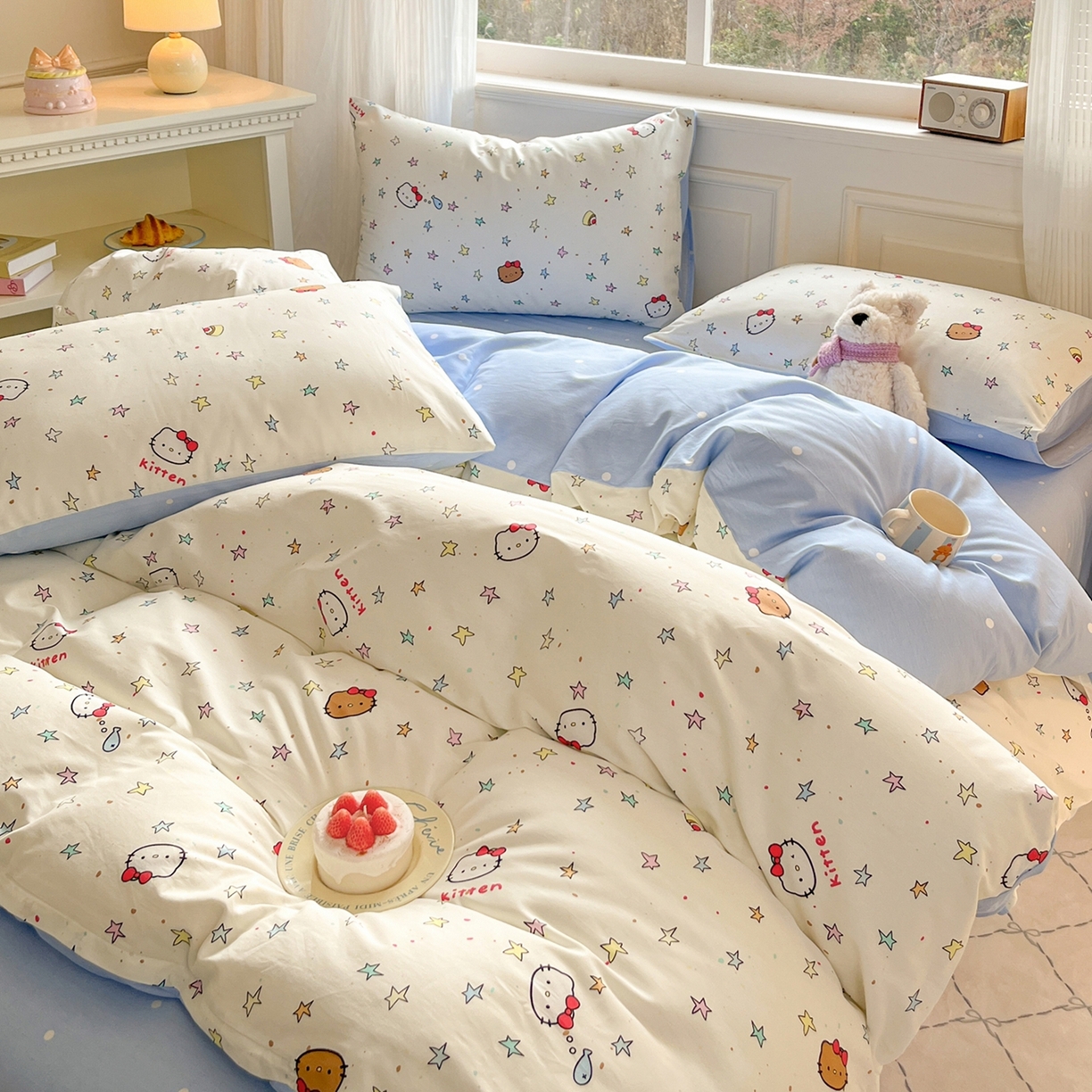 91家纺网 家纺一手货源 找家纺 博雅 2026新款全棉纯棉小卡通印花四件套 星星蝴蝶结猫