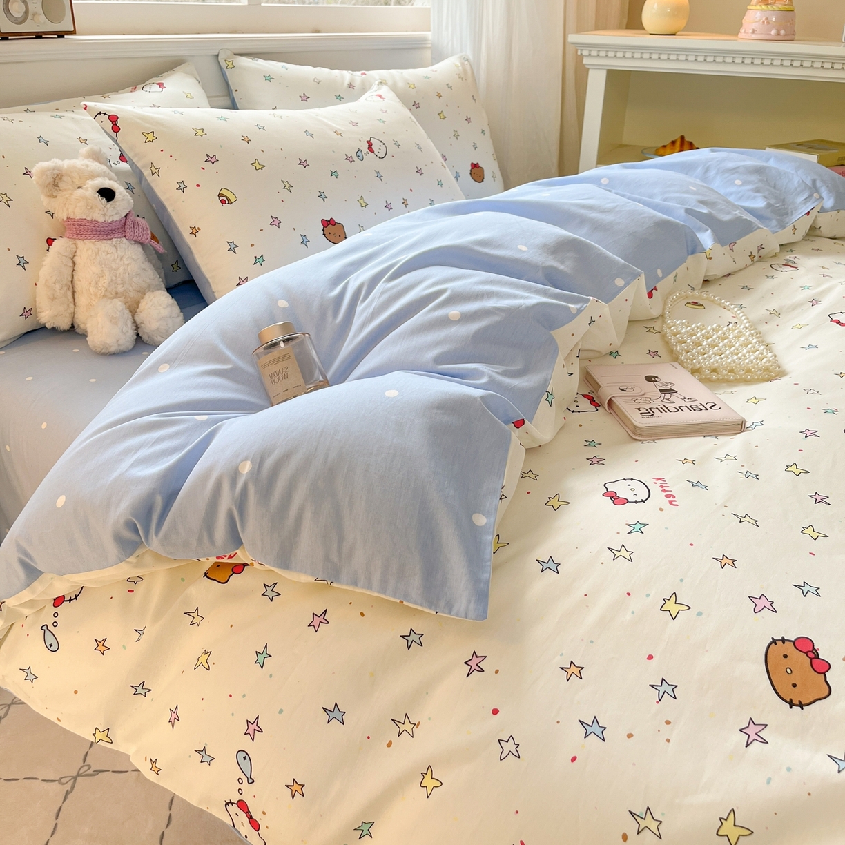 91家纺网 家纺一手货源 找家纺 博雅 2026新款全棉纯棉小卡通印花四件套 星星蝴蝶结猫