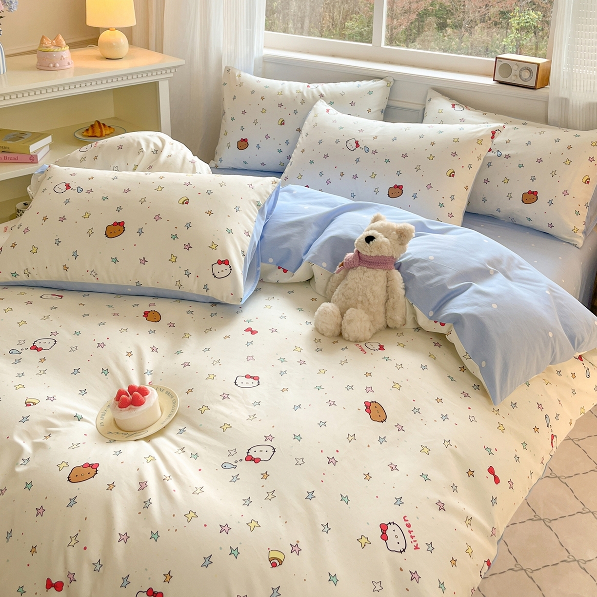 91家纺网 家纺一手货源 找家纺 博雅 2026新款全棉纯棉小卡通印花四件套 星星蝴蝶结猫