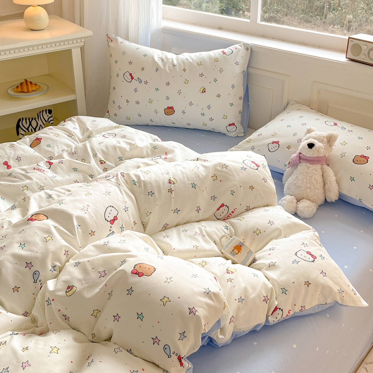 91家纺网 家纺一手货源 找家纺 博雅 2026新款全棉纯棉小卡通印花四件套 星星蝴蝶结猫