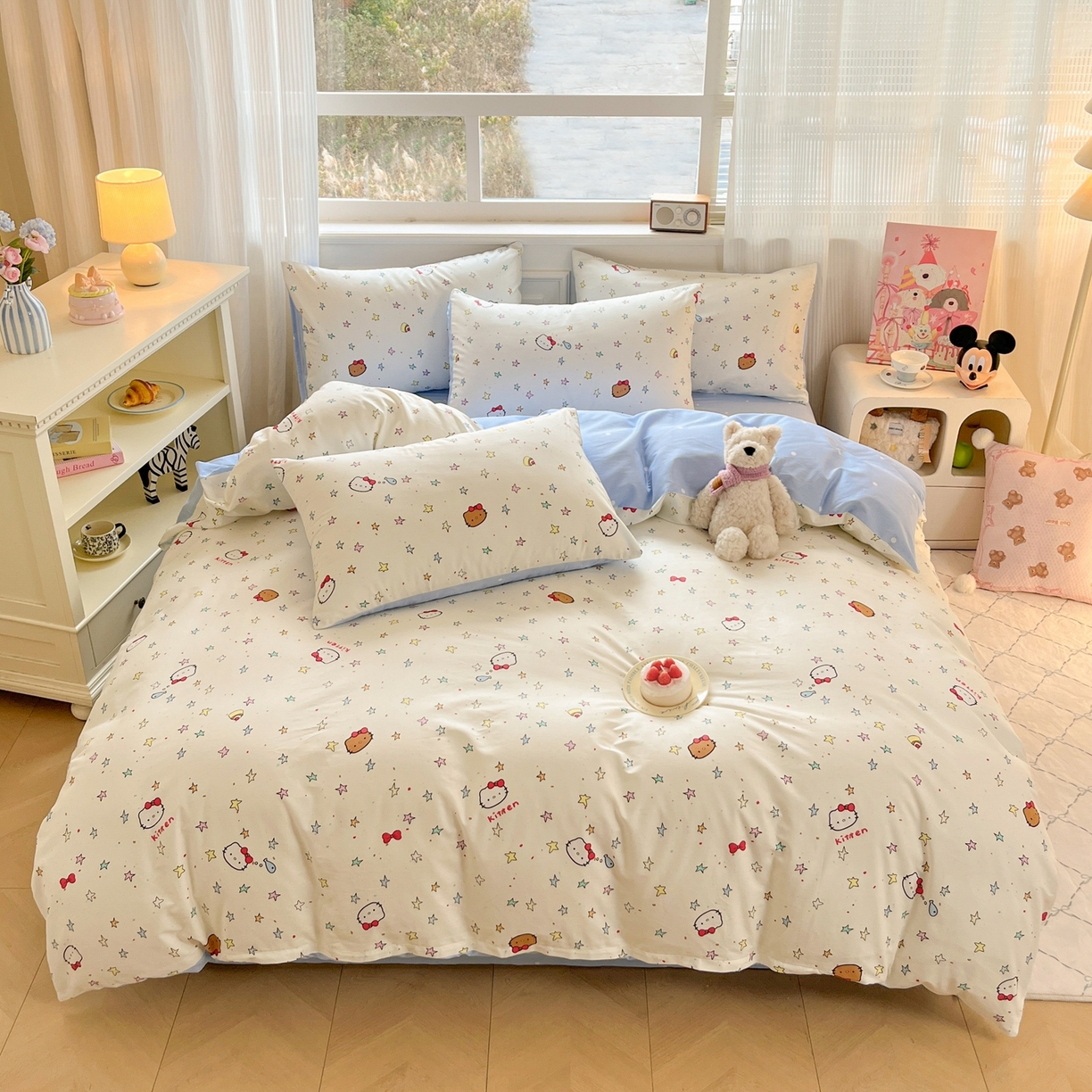 91家纺网 家纺一手货源 找家纺 博雅 2026新款全棉纯棉小卡通印花四件套 星星蝴蝶结猫