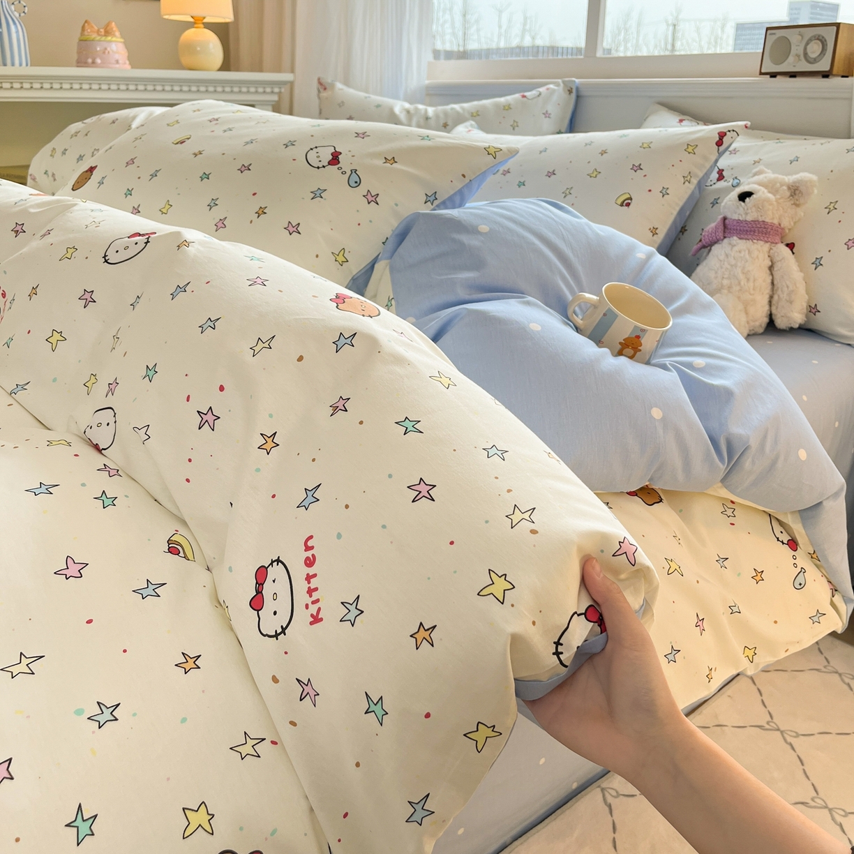 91家纺网 家纺一手货源 找家纺 博雅 2026新款全棉纯棉小卡通印花四件套 星星蝴蝶结猫