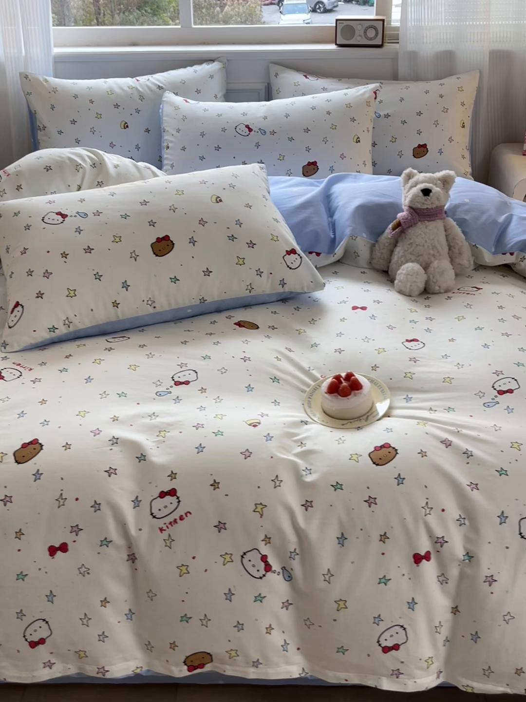 91家纺网 家纺一手货源 找家纺 博雅 2026新款全棉纯棉小卡通印花四件套 星星蝴蝶结猫