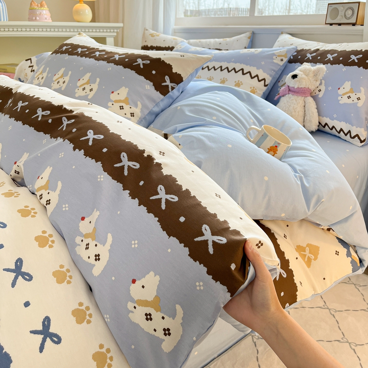 91家纺网 家纺一手货源 找家纺 博雅 2026新款全棉纯棉小卡通印花四件套 雪地小狗