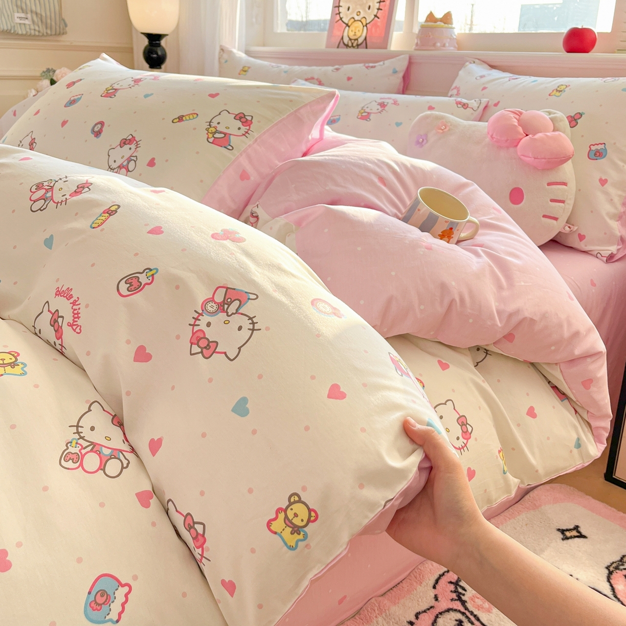 91家纺网 家纺一手货源 找家纺 博雅 2026新款三丽鸥全棉纯棉小版印花四件套 爱心点点kt