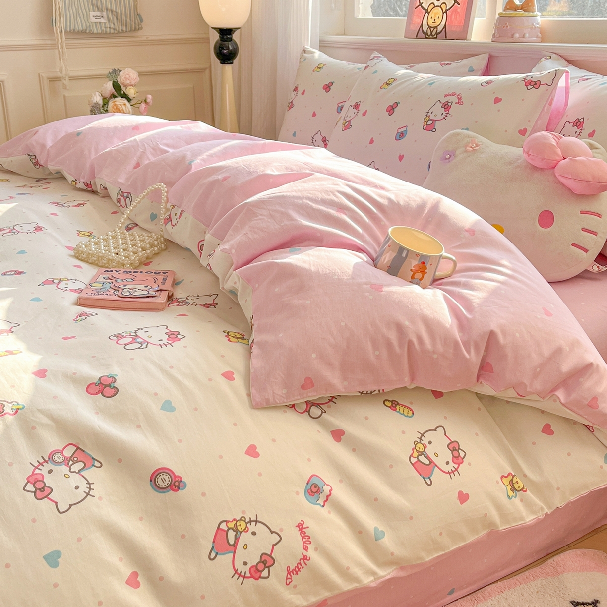 91家纺网 家纺一手货源 找家纺 博雅 2026新款三丽鸥全棉纯棉小版印花四件套 爱心点点kt