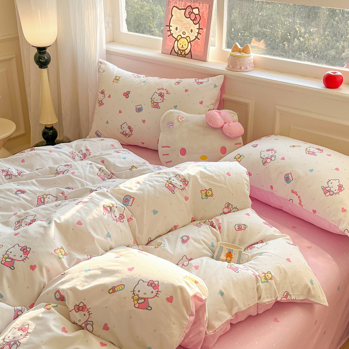 91家纺网 家纺一手货源 找家纺 博雅 2026新款三丽鸥全棉纯棉小版印花四件套 爱心点点kt