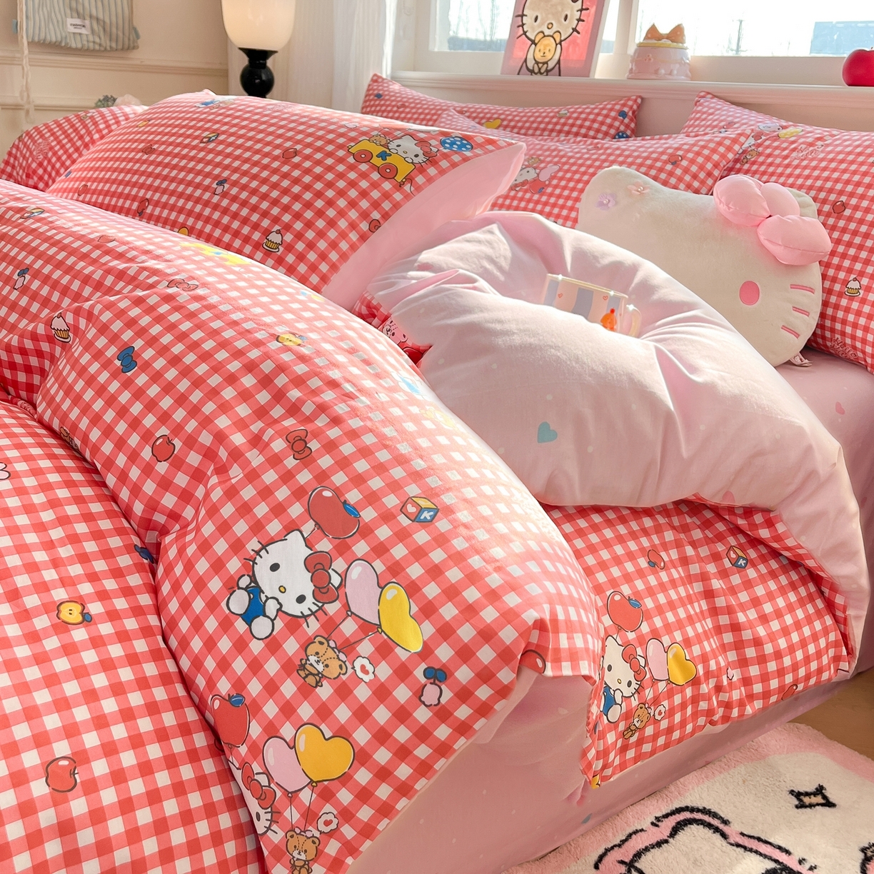 博雅 2026新款三丽鸥全棉纯棉小版印花四件套 红格kt