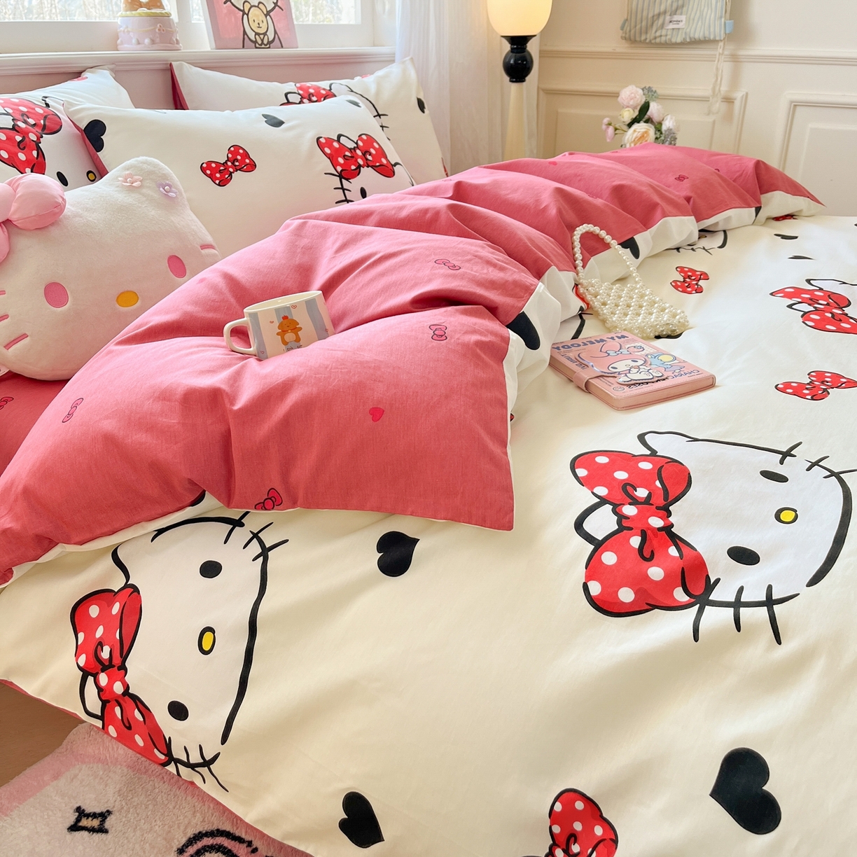 91家纺网 家纺一手货源 找家纺 博雅 2026新款三丽鸥全棉纯棉小版印花四件套 奶白kt