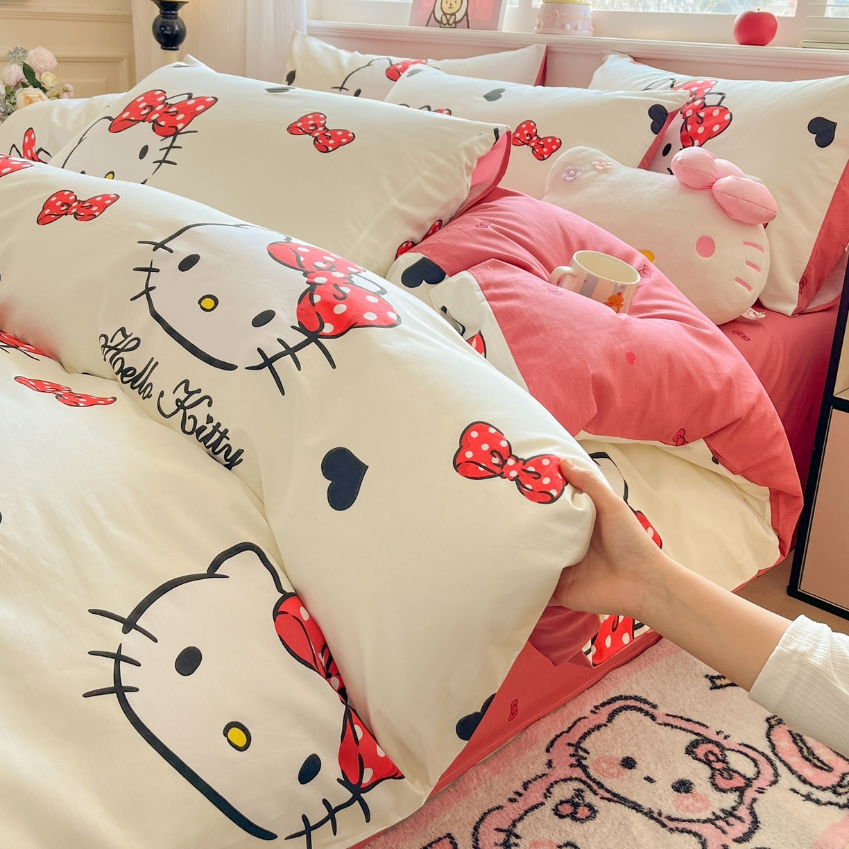 91家纺网 家纺一手货源 找家纺 博雅 2026新款三丽鸥全棉纯棉小版印花四件套 奶白kt