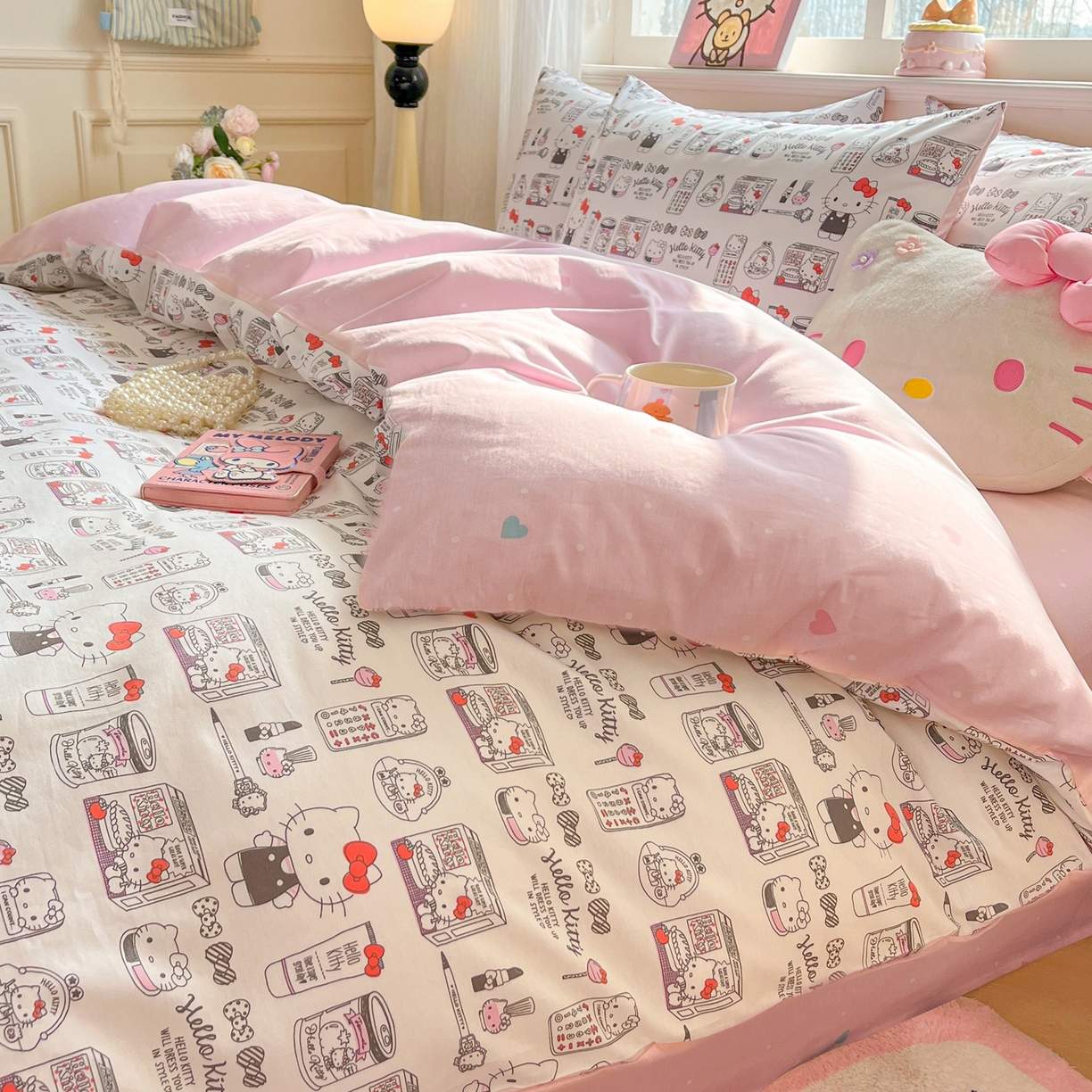 91家纺网 家纺一手货源 找家纺 博雅 2026新款三丽鸥全棉纯棉小版印花四件套 手绘kt