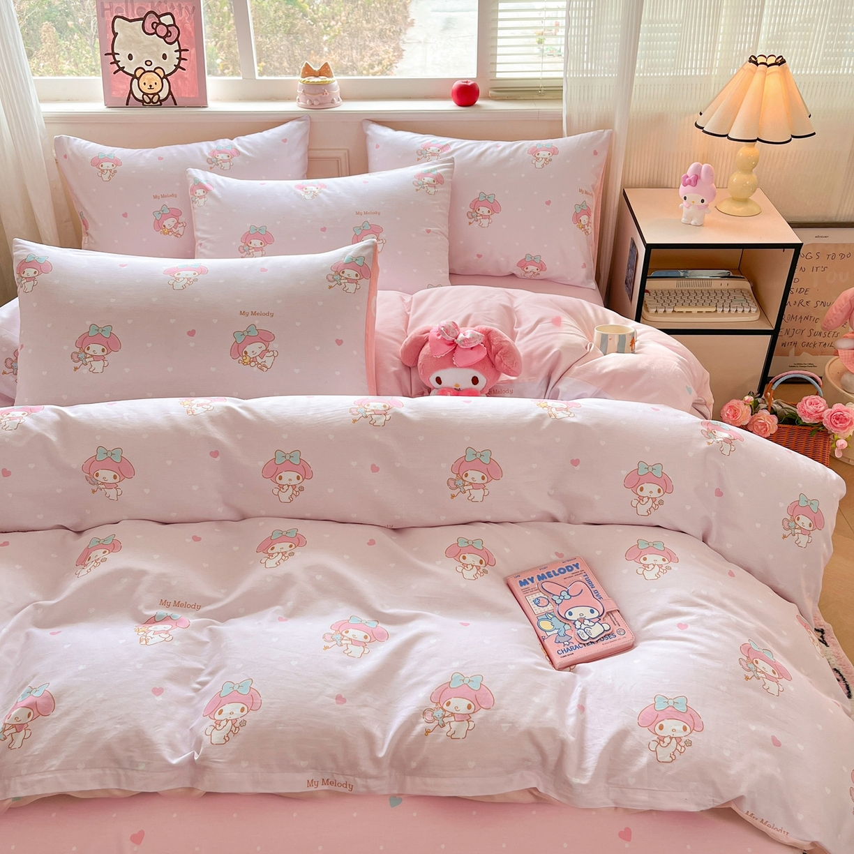 91家纺网 家纺一手货源 找家纺 博雅 2026新款三丽鸥全棉纯棉小版印花四件套 桃粉美乐蒂