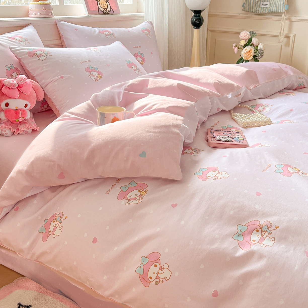 91家纺网 家纺一手货源 找家纺 博雅 2026新款三丽鸥全棉纯棉小版印花四件套 桃粉美乐蒂