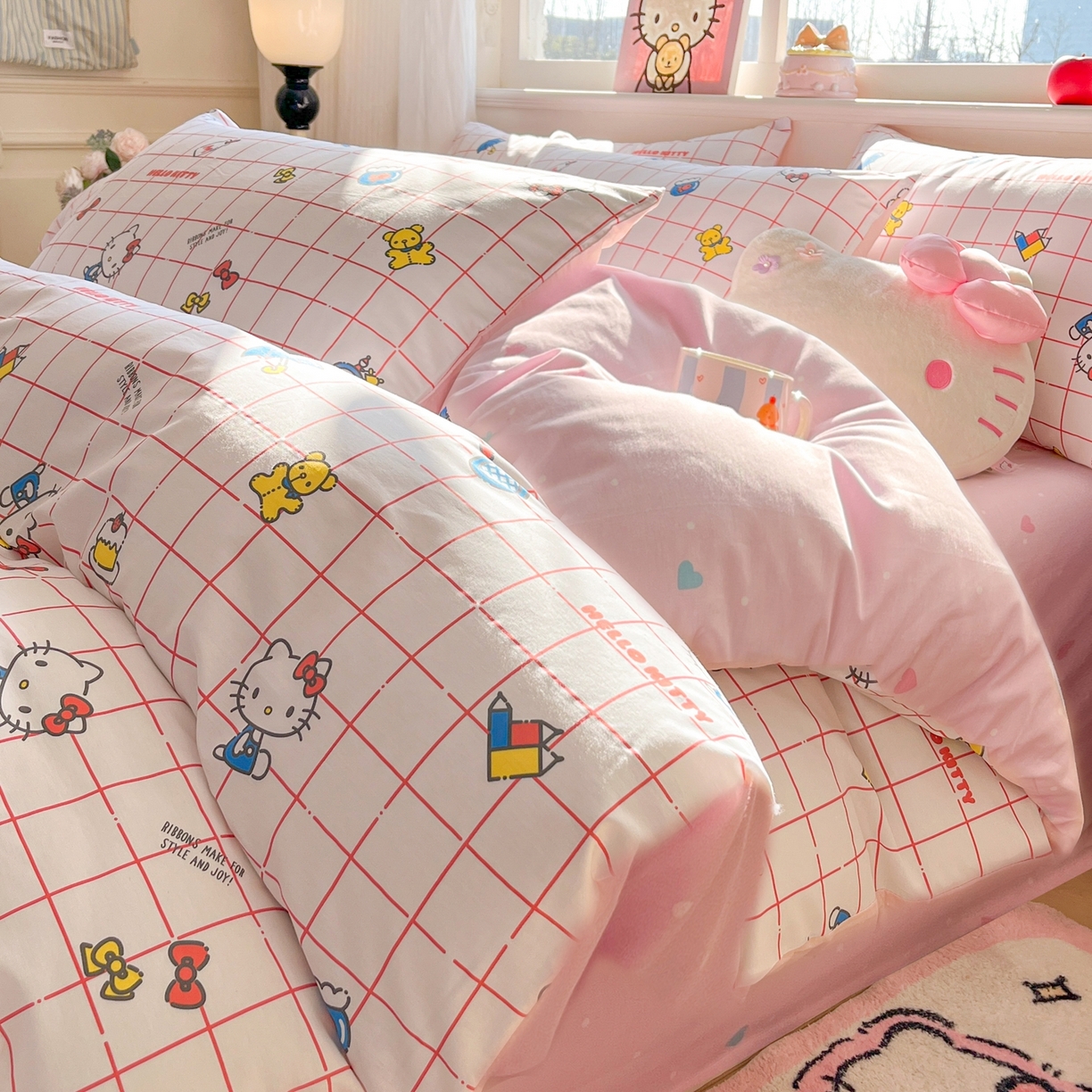 博雅 2026新款三丽鸥全棉纯棉小版印花四件套 甜粉格纹kt