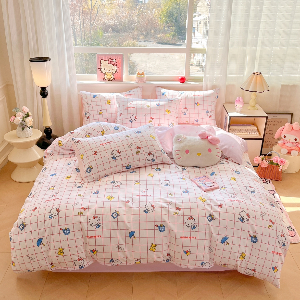 91家纺网 家纺一手货源 找家纺 博雅 2026新款三丽鸥全棉纯棉小版印花四件套 甜粉格纹kt