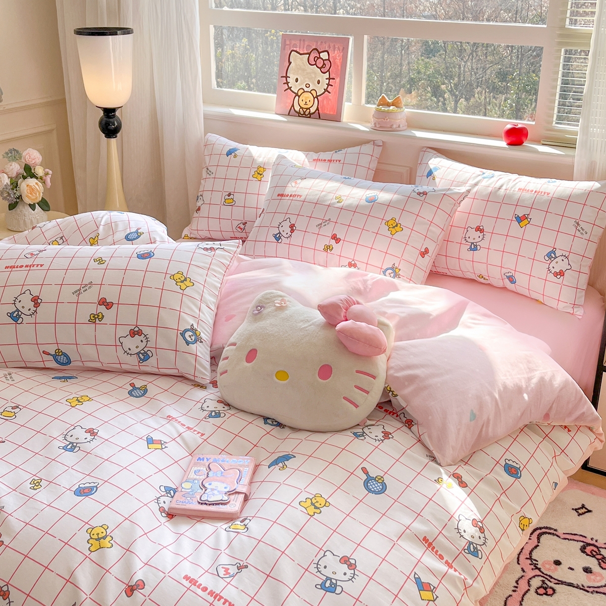 91家纺网 家纺一手货源 找家纺 博雅 2026新款三丽鸥全棉纯棉小版印花四件套 甜粉格纹kt