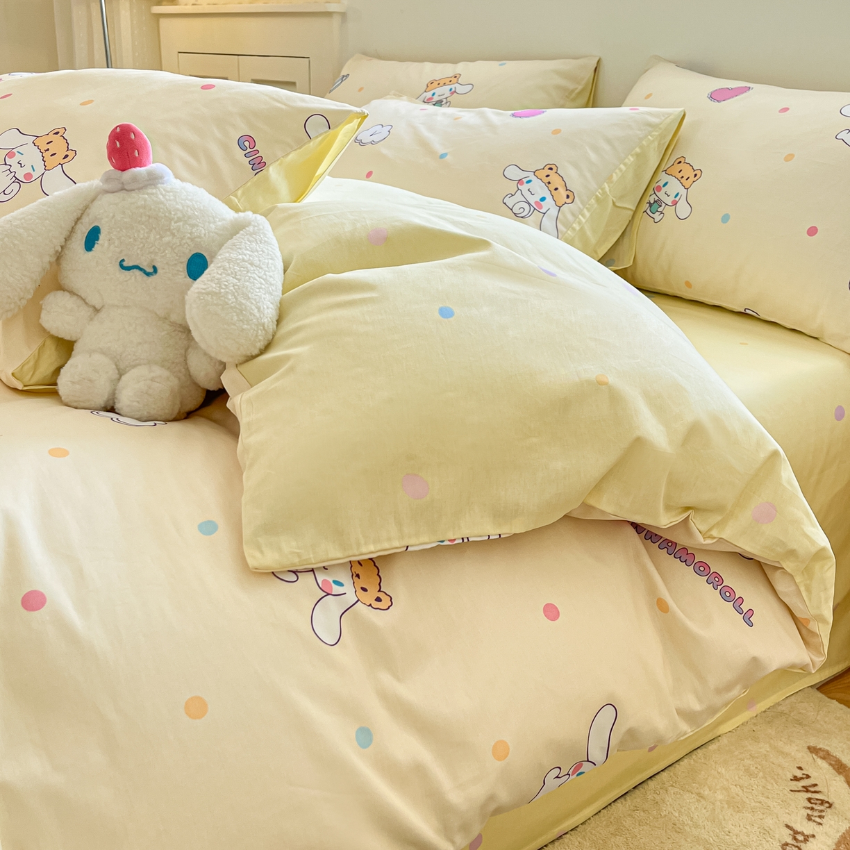 91家纺网 家纺一手货源 找家纺 博雅 2026新款三丽鸥全棉纯棉小版印花四件套 小版-爱心点点玉桂狗